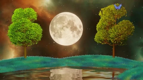 Fantasy Tree Park On Full Moon Night By The Lake : Lofi Animation Loop Stock Footage 246925955