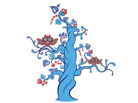 Fantasy tree with two funny owls Stock Illustration