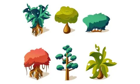 Fantasy trees and plants set, user interface assets for mobile apps or video Stock Illustration