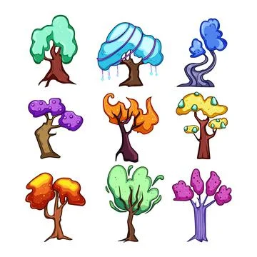 Fantasy trees collection vibrant whimsical nature Stock Illustration