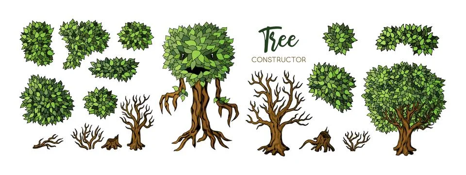 Fantasy trees constructor set. Trees, leaves and branches elements for design Stock Illustration