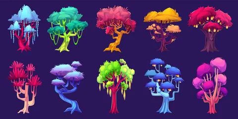 Fantasy trees. Magic forest plants, luminous glowing garden elements, fairytale Stock Illustration