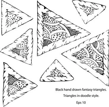 Fantasy triangles in hand-drawing style. Patterns and dots. set of triangle.. Illustrazione stock