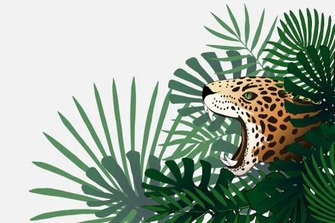 Fantasy tropical world. Vector border with leopard and exotic plants Stock Illustration
