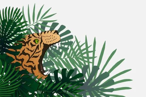 Fantasy tropical world. Vector border with tiger and exotic plants Illustrazione stock