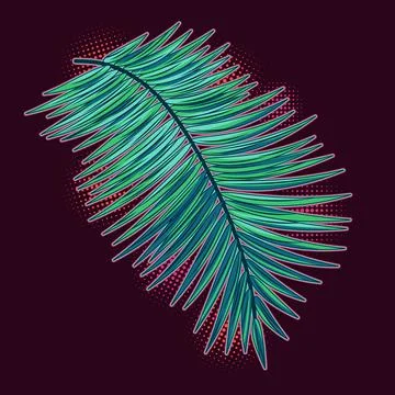 Fantasy turquoise leaf of coconut palm with pink neon glowing backlight. Illustrazione stock