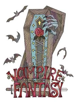 Fantasy vector illustration with coffin, vampire bats Stock-Illustration