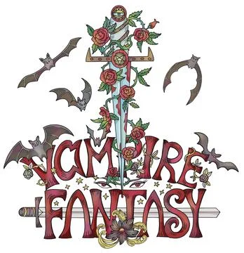 Fantasy vector illustration with vampire bats, sword, text Stock-Illustration
