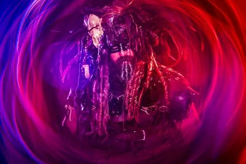 Fantasy Viking Warrior Portrait with Dramatic Red and Purple Lighting Stock Photos