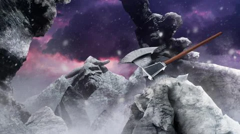 Fantasy viking winter mountain valley with axe. Stock Illustration