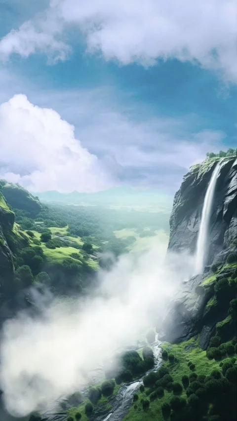 Fantasy waterfall among clouds within a lush forest Stock Footage 281552629