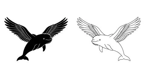 Fantasy winged whale creature flying in black and white illustration 스톡 일러스트