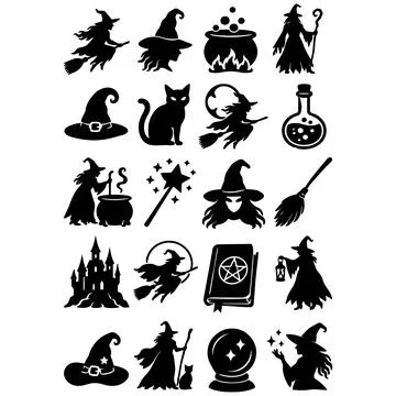 Fantasy Witch and Magic Silhouette Set: Iconic Elements for Enchanting Design Stock Illustration
