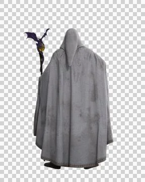 Fantasy wizard or sorceror standing in a long dirty white cloak with hood h.. Stock Illustration