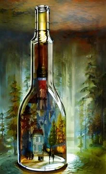 Fantasy, world, bottle, scifi, magic, forest, house, genie Stock Illustration
