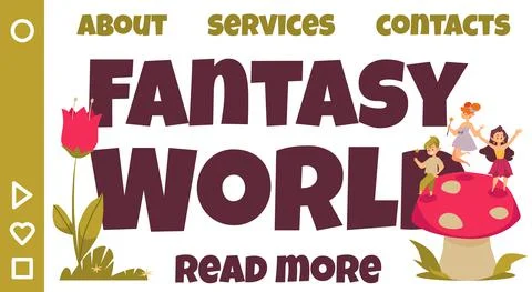 Fantasy world landing page template with cute elves in the nature, cartoon flat Stock Illustration
