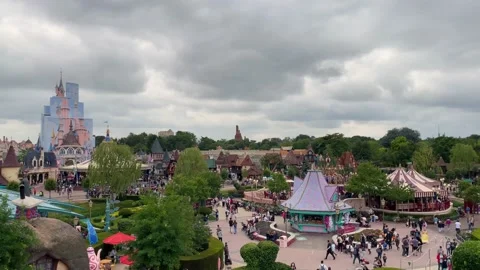 Fantasyland Rooftops and Castle From Elevated Viewpoint, France 4K Stock Footage 160010686