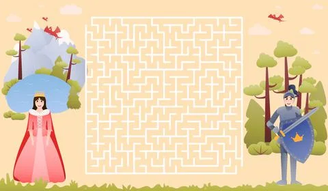 Faory tale concept for children maze with cute knight and princess characters in Stock Illustration