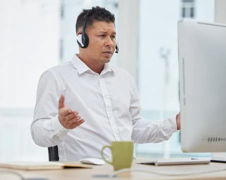 Faq, confused or man problem solving in a call center talking or helping client 스톡 사진