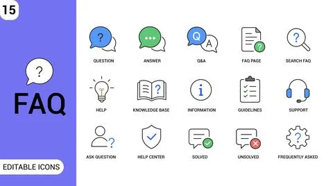 FAQ Icon Set. Question Answer, Help Center, Support, Knowledge Base and Customer Illustrazione stock