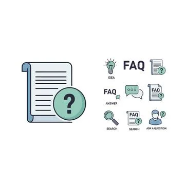 Faq question mark document and icons for support and information Stock Illustration