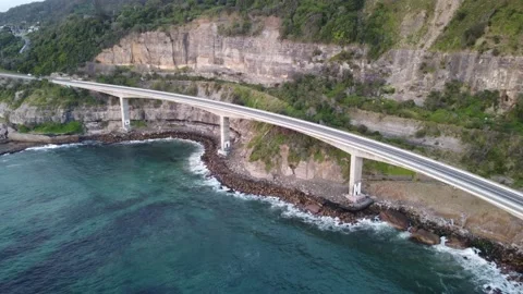 Far away angled view shot of the sea cliff bridge Stock Footage 143620548