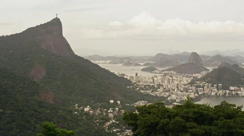 Far away view of Inner City with Christ the Redeemer Statue Stock Footage 64864907
