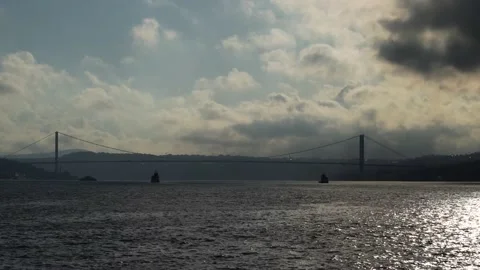 Far view of the Bosphorus Bridge (Turkish: Boğaziçi Köprüsü) Stock Footage 200638360