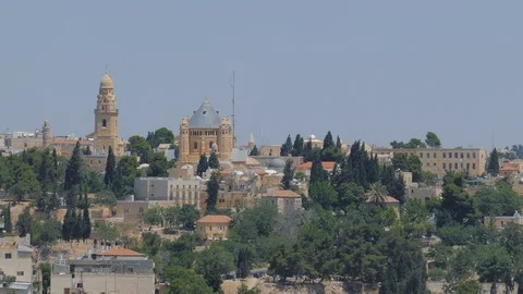 Far view to Dormitsion abbey in Jerusalem flicker in hot air Stock Footage 91391051