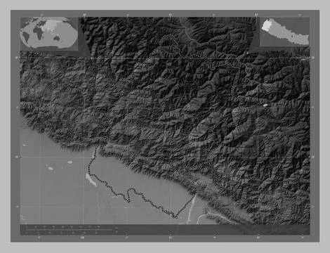 Far-Western, Nepal. Grayscale elevation map with lakes and rivers Stock Illustration