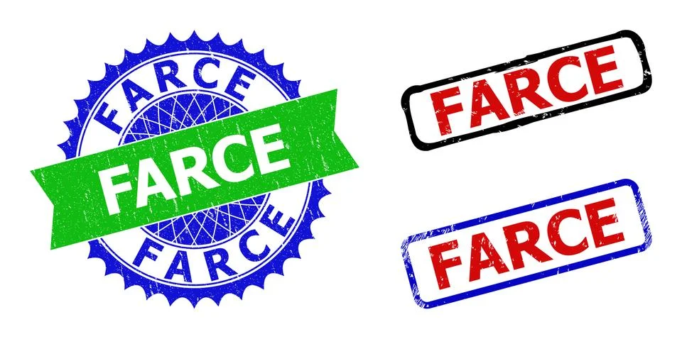 FARCE Rosette and Rectangle Bicolor Stamp Seals with Grunged Surfaces 库存插图