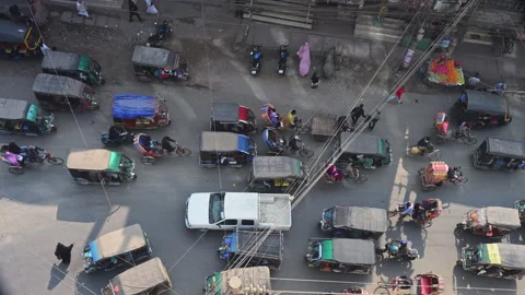 Faridpur Town Thoroughfare High View Daytime Traffic Flow Auto Rickshaws Public Stock Footage 336294877