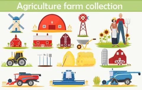 Farm Agriculture infographics elements set with technical equipment, buildings Ilustración de archivo