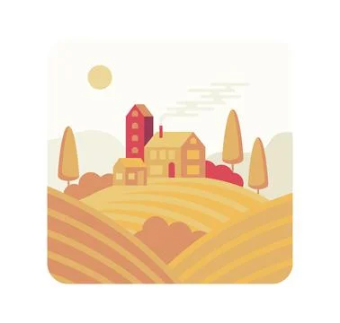 Farm among the fields - vector cartoon illustration in flat stile Stock Illustration