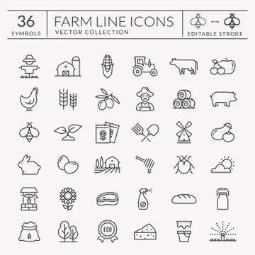 Farm and agriculture vector line icons. Editable stroke. Stock Illustration