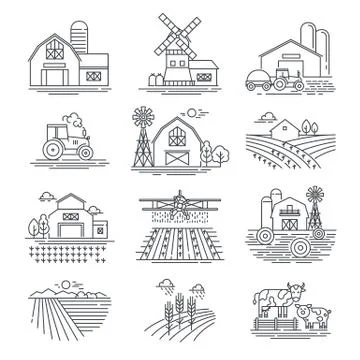 Farm and farming fields linear vector icons isolated on white background イラスト素材