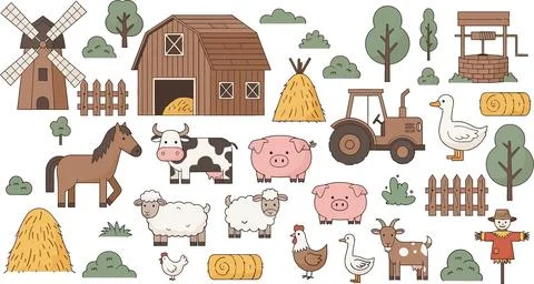Farm Animals and Buildings Vector Set: Barn, Tractor, Windmill, Hay, Horse,.. Ilustração Stock