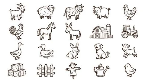 Farm animals and elements illustrated in a simple outline drawing style. Stock Illustration