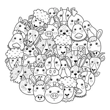 Farm animals circle shape pattern for coloring book. Cute farm characters Stock Illustration
