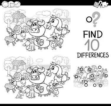 Farm animals difference game Black and White Cartoon Illustration of Findi... Foto stock