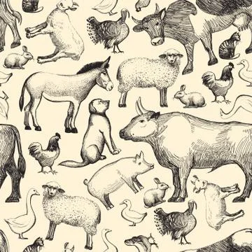 Farm animals doodle seamless pattern template for menu design restaurant or c Stock Illustration