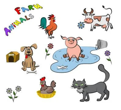 Farm animals in a flat style. Set of vector illustration. Stock Illustration