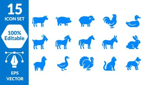 Farm animals icon bundle featuring assorted livestock and domestic pet silh.. Stock Illustration