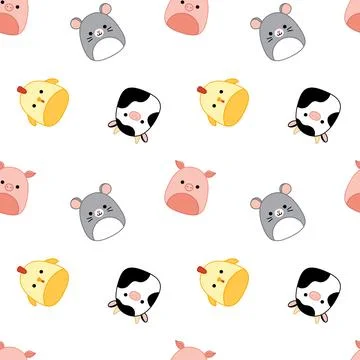 Farm animals on seamless pattern. Squishmallows. Chick pig mouse cow Kawaii Stock Illustration