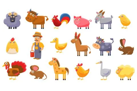 Farm animals set, male farmer, livestock and pets cartoon vector Illustrations Stock Illustration