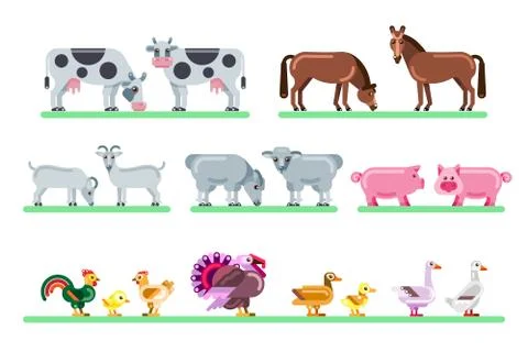 Farm animals set. Vector flat illustration of barnyard. Cute colorful charact Stock Illustration