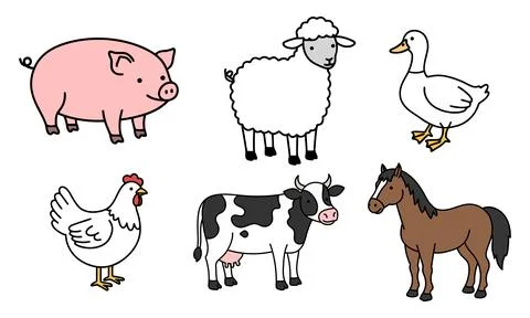 Farm animals vector illustration set. Stock Illustration