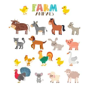 Farm animals vector set. Cute cartoon animals Stock Illustration