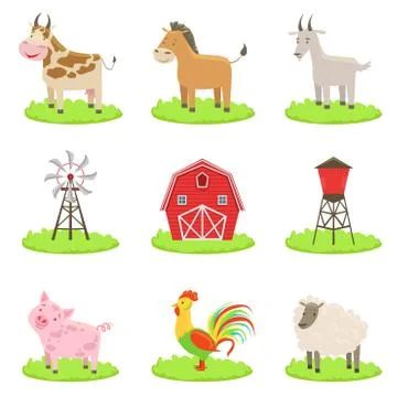 Farm Associated Animals And Objects Set Stock Illustration