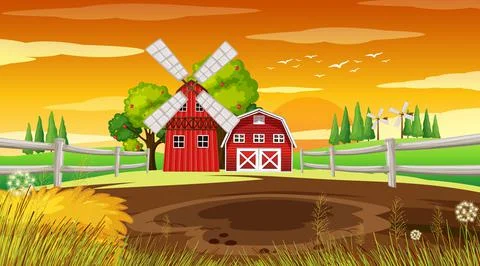 Farm background with barn and windmill Stock Illustration
